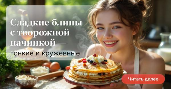 Сладкие блины с творожной начинкой — тонкие и кружевные, рецепт как у бабушки